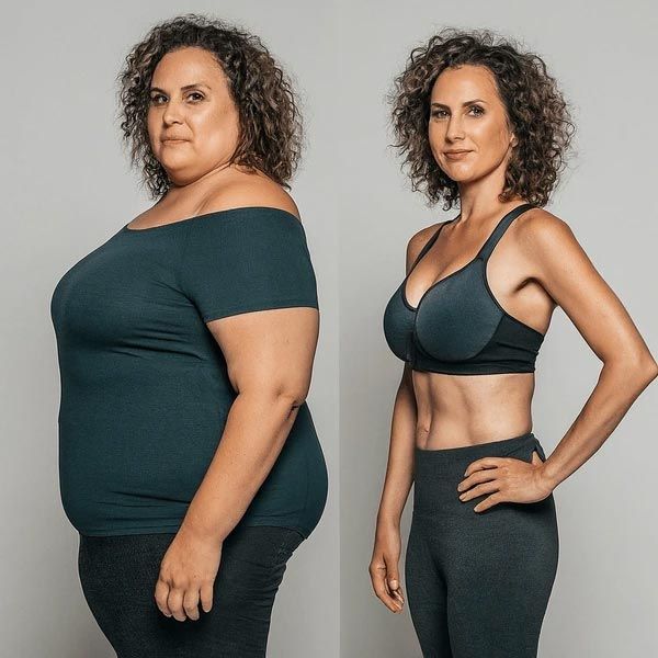 A woman is shown before and after losing weight - weight loss