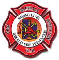 Fire Marshals Association of Utah logo: Maltese cross with text, tools, and a firefighter helmet.