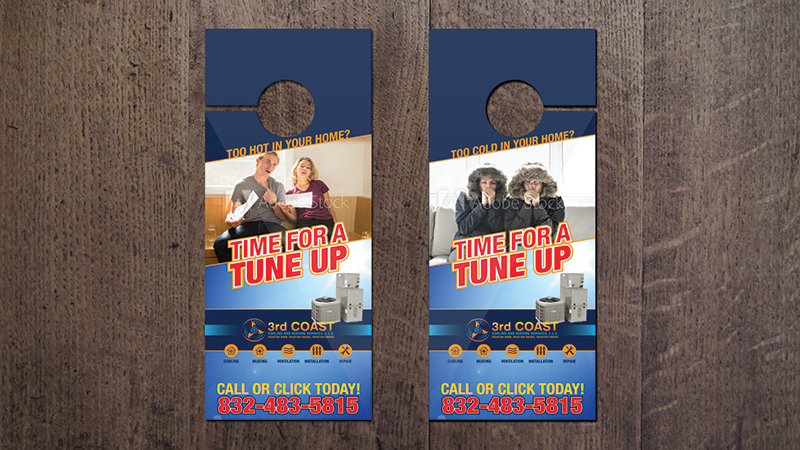 Two door hanger ads: blue background,