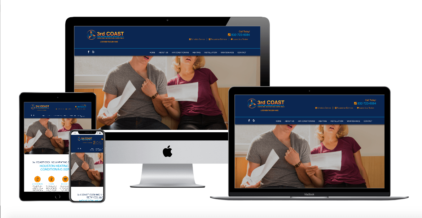 Website displayed on various devices: desktop, laptop, tablet, and smartphone. Dark blue header, photo of couple looking at document.