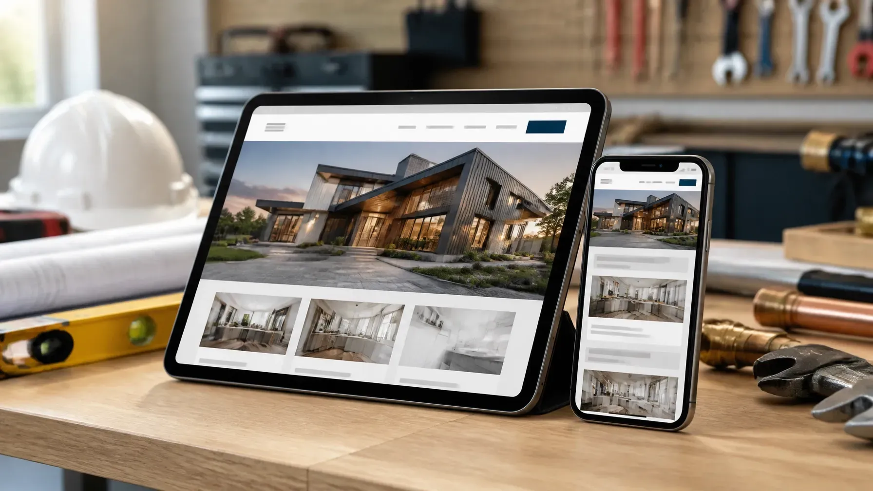 Tablet and phone display a modern house website on a wood desk with tools and a hard hat nearby