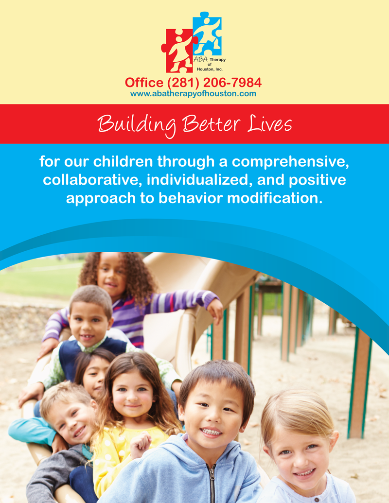 Children smiling and playing, brochure promoting behavior modification services.
