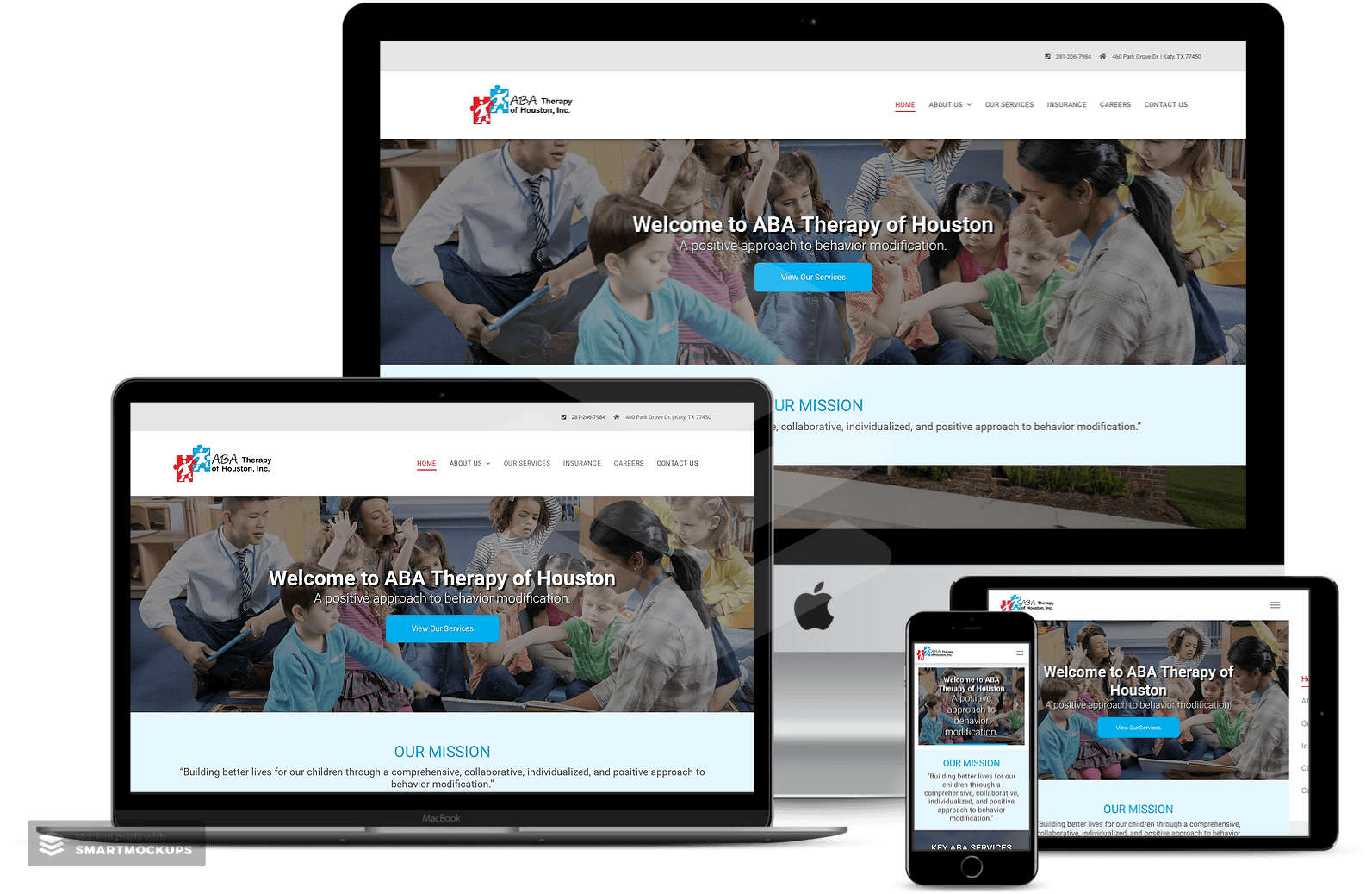 Multiple devices displaying a website: desktop, laptop, tablet, and phone. Website features children, teachers, and the organization's logo.