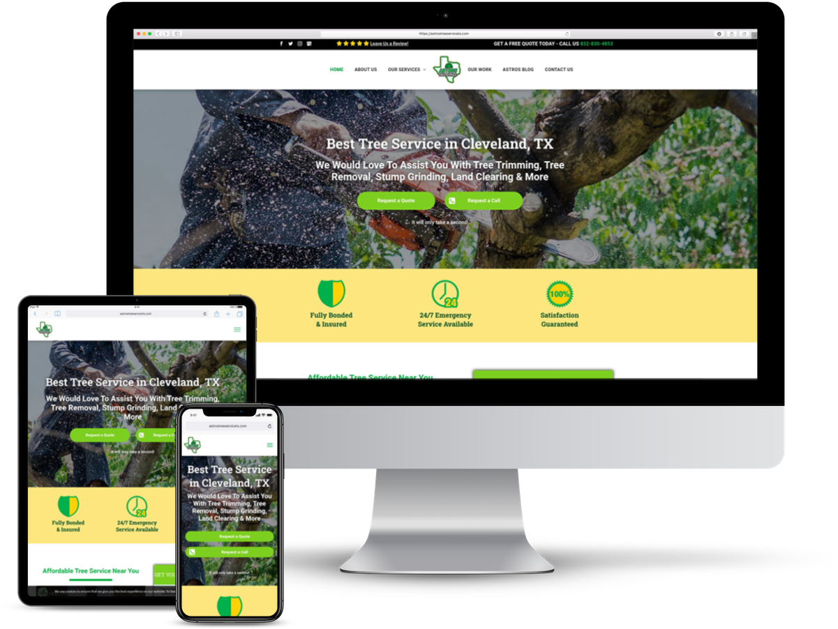 Website mockup on multiple devices, showcasing a tree service in Cleveland, TX.