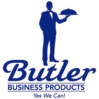 Blue silhouette of a butler holding a covered tray, above the company name