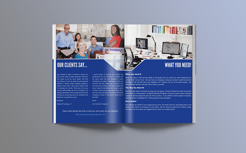 Spread of a brochure with office team photo, blue design elements, and text about clients and the work.