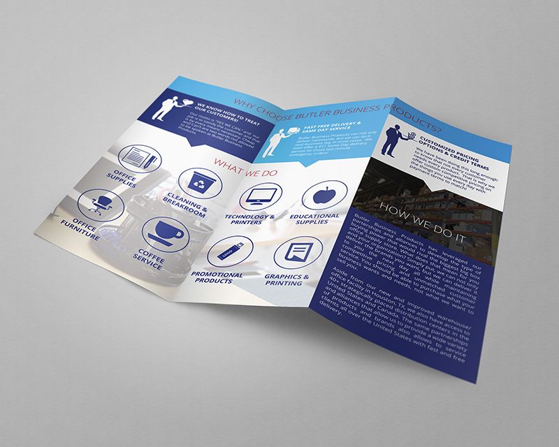 Tri-fold brochure with blue and white graphics, icons, and text against a gray background.