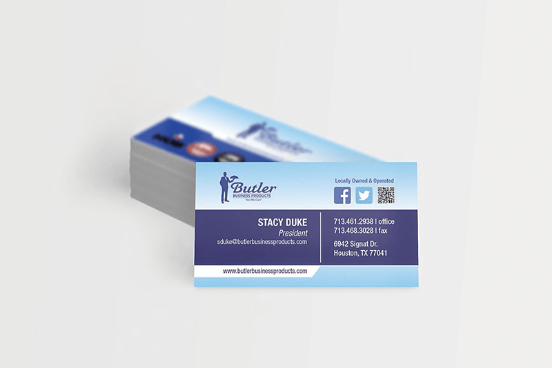 Business cards stacked, featuring a logo, contact information, and social media icons.