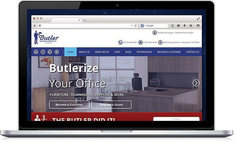 Laptop displaying the Butler Office Solutions website homepage:
