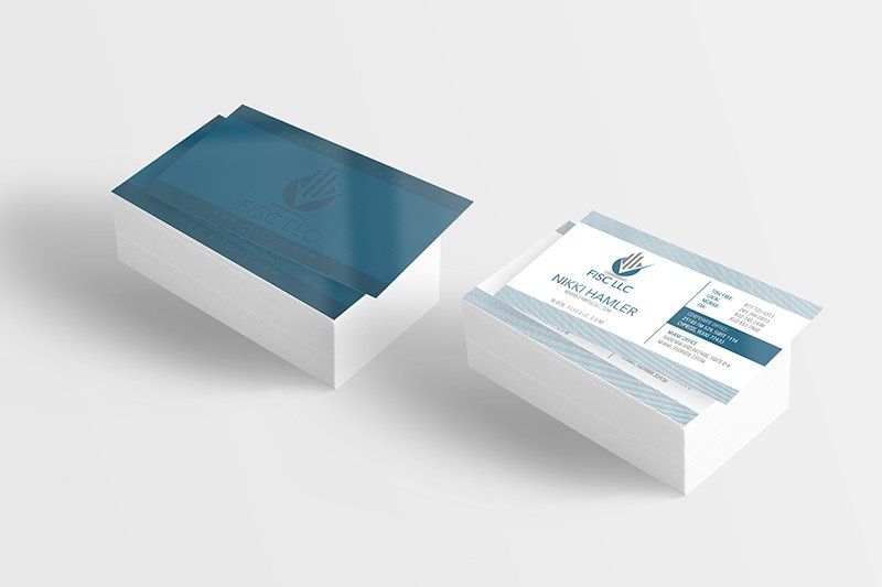 Two stacks of business cards, one showing front and the other showing back. Both stacks are white with blue accents.
