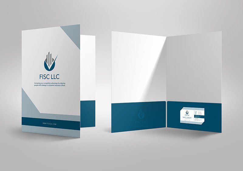 Presentation folders with a blue and white design and business logo.