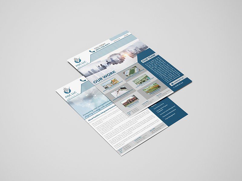 Two stacked flyers showcasing company logo, contact info, work examples, and company details.