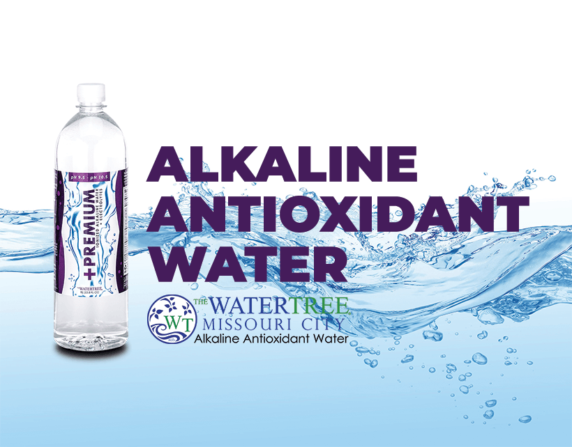 Bottle of Alkaline Antioxidant Water from WaterTree, Missouri City. Blue water background.