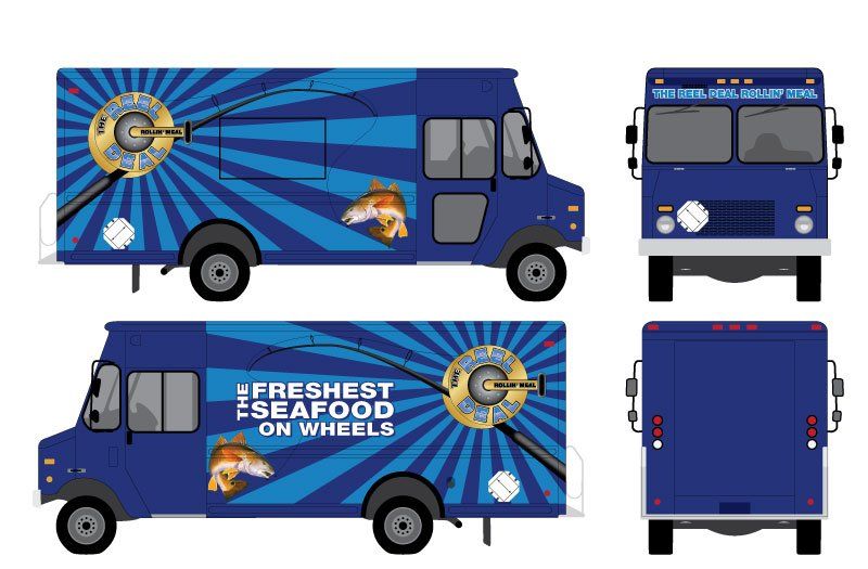 Blue food truck with seafood graphic and text