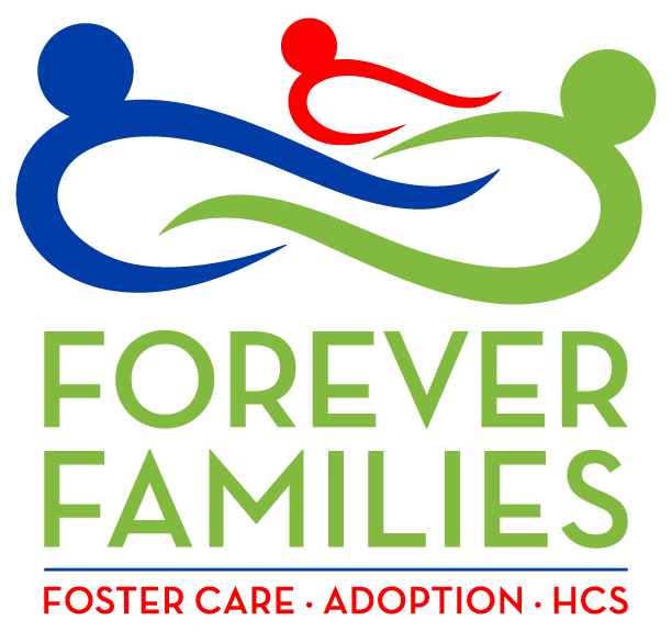Logo for Forever Families: Blue and green figures intertwined with a red heart, promoting foster care, adoption, and HCS.