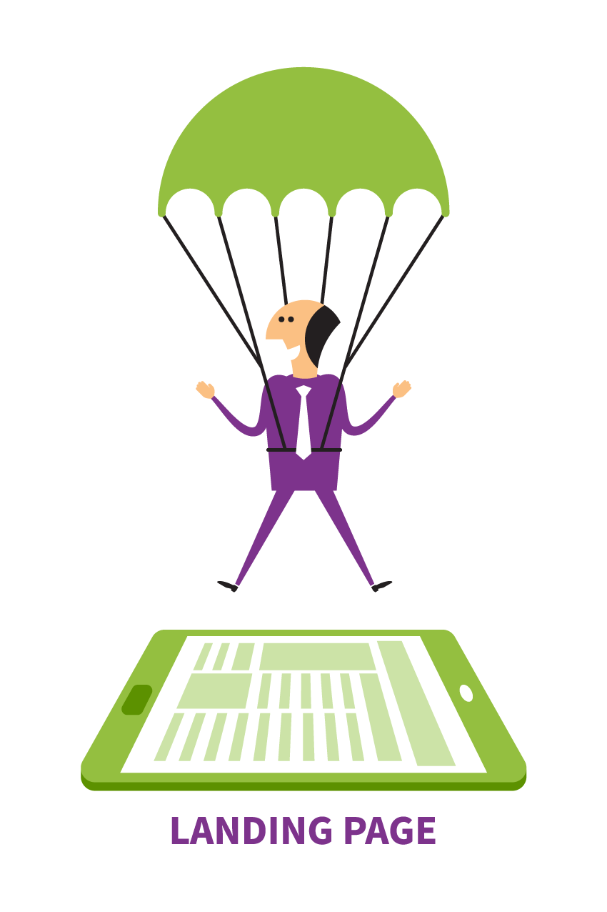 Illustration of a man in a suit with a parachute landing on a landing page.