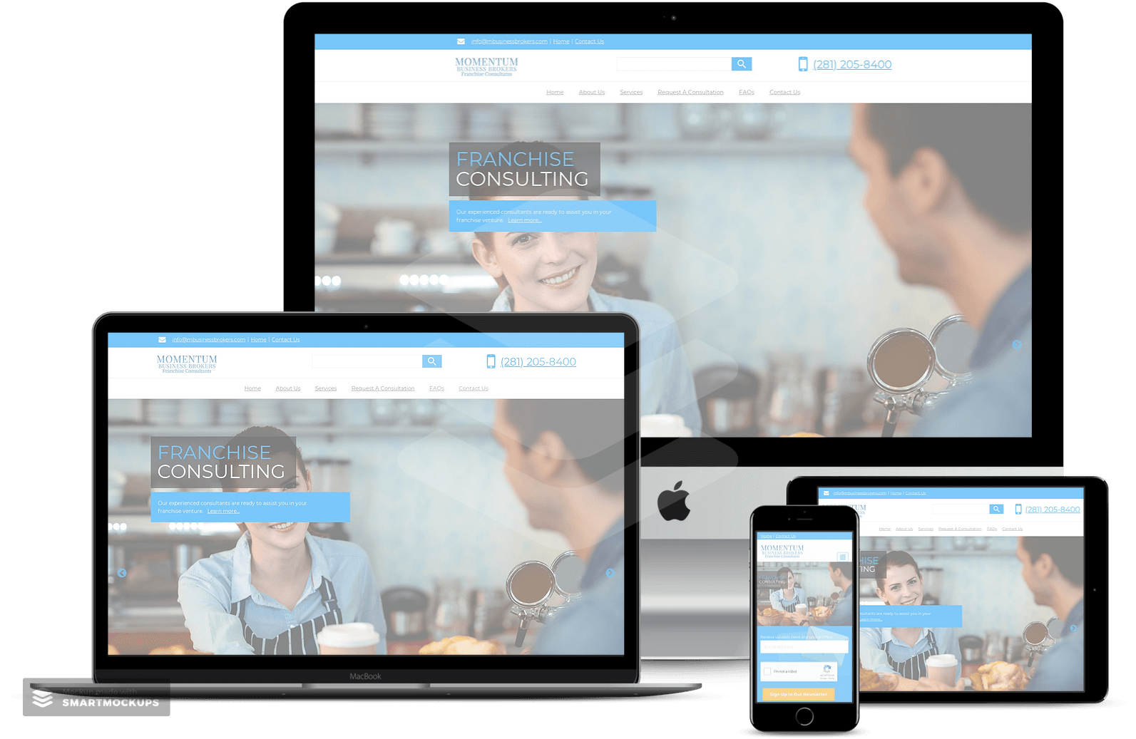 Website displayed on various devices (desktop, laptop, tablet, phone) featuring a cafe scene and branding.