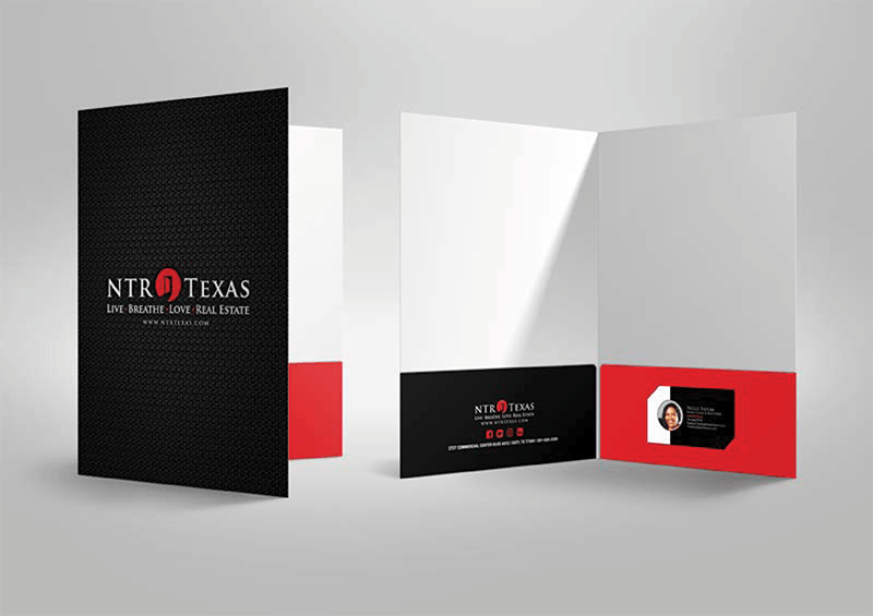Presentation folders with NTR Texas logo on black and red background.