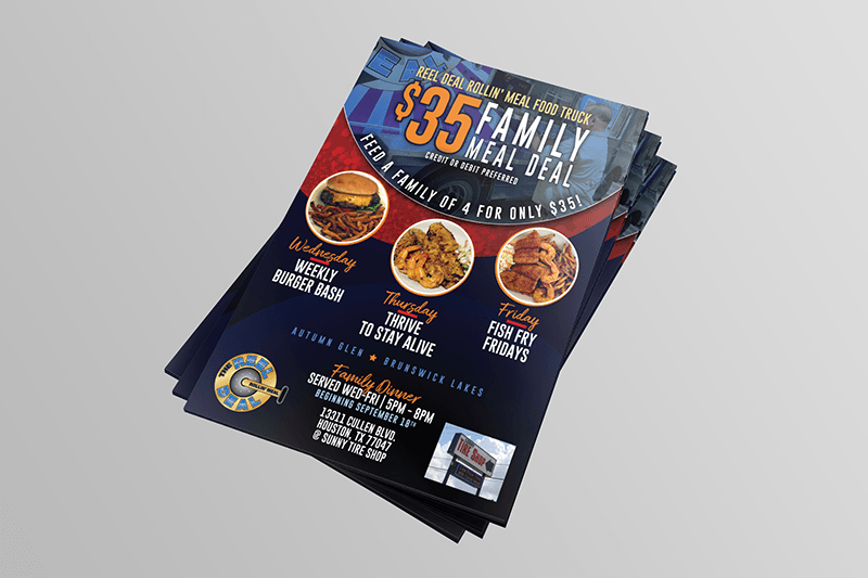 Flyers for a $35 family meal deal featuring a burger, chicken tenders, and fries.