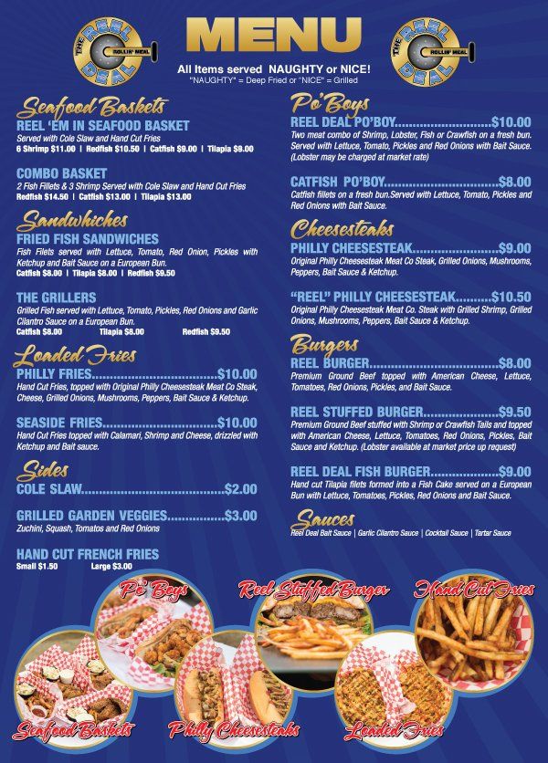 Menu for Giafood Barbell featuring seafood baskets, sandwiches, loaded fries, burgers, and more.