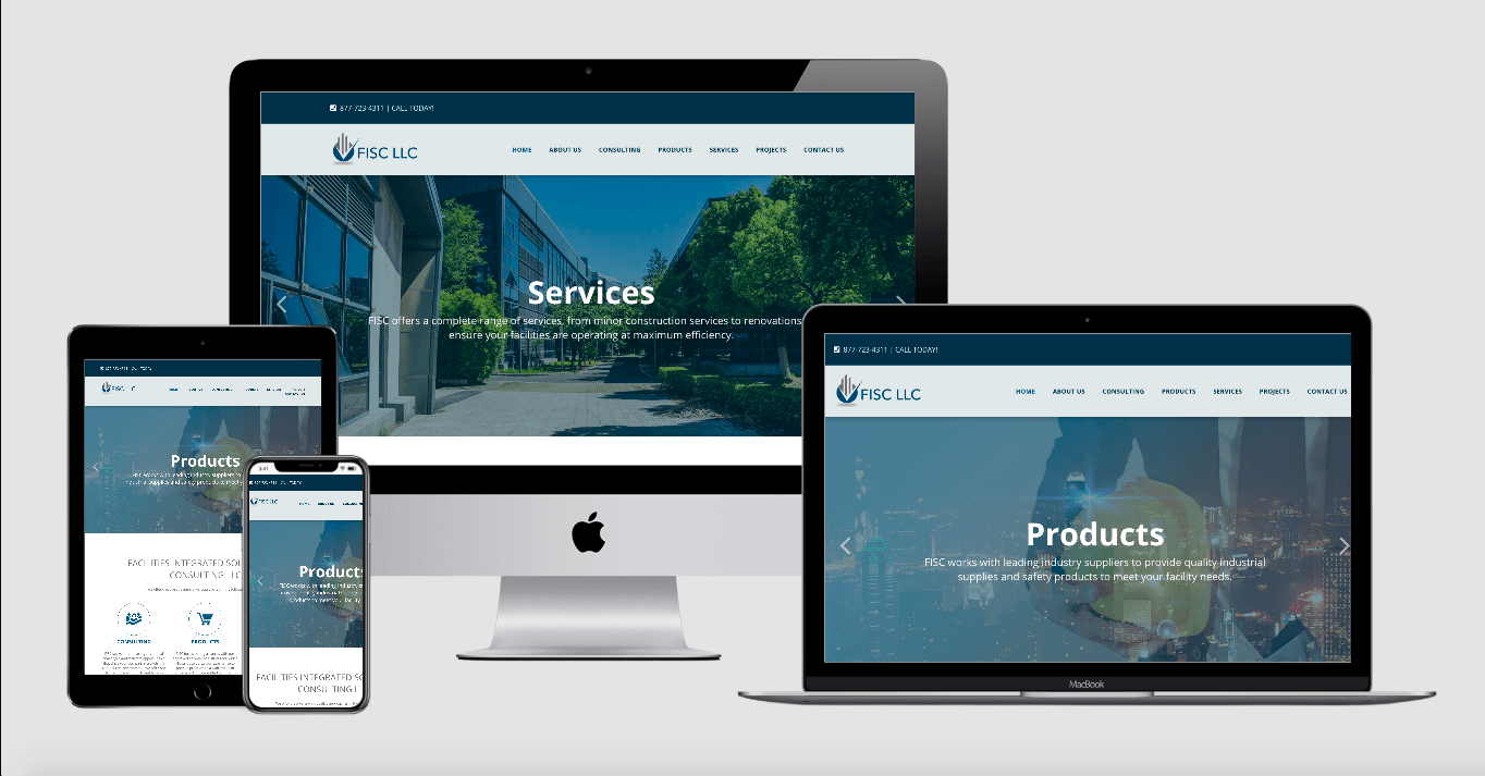 Website displayed on a desktop, laptop, tablet, and smartphone, featuring a company logo and product/service pages.