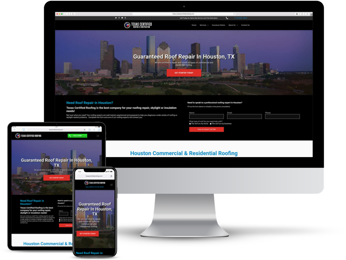 Website on devices: commercial and residential roofing, Houston, TX skyline.