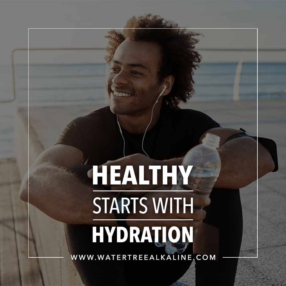 Smiling Black man resting, holding water bottle, headphones. Text: