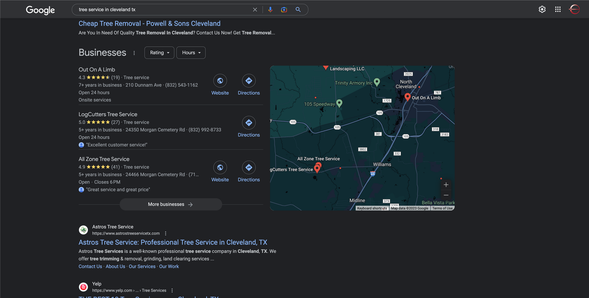 Google Maps search results for
