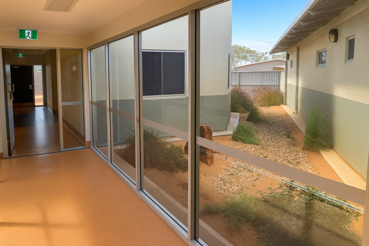 Indoor hallway with glass windows looking onto an outdoor area with plants and reddish soil — Pedersen NT Pty Ltd in Ciccone, NT