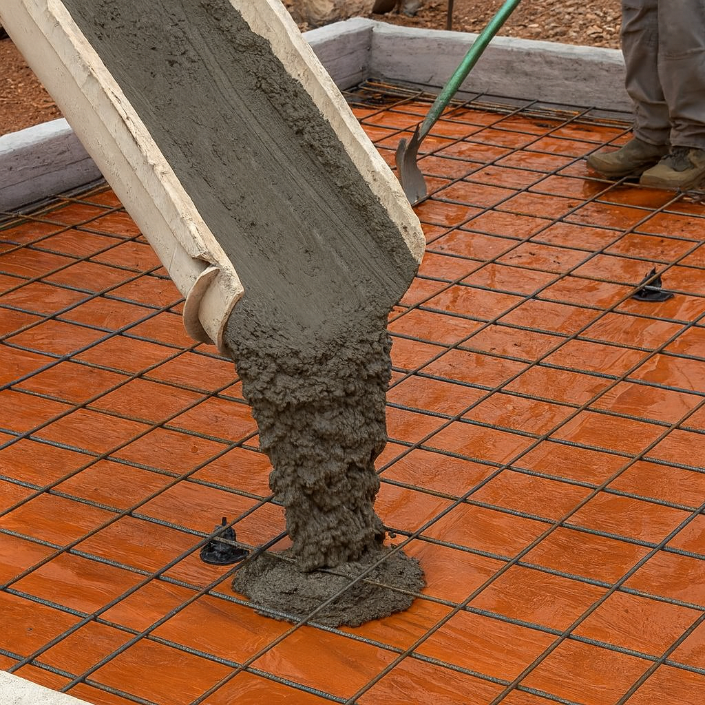 Pouring wet concrete into a construction form with wire mesh reinforcement — Pedersen NT Pty Ltd in Ciccone, NT