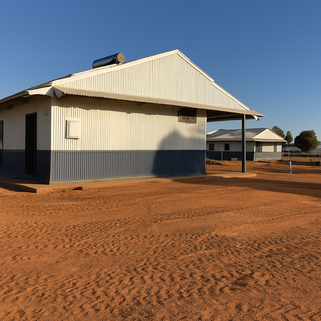 A row of simple, light blue and white buildings under a clear blue sky — Pedersen NT Pty Ltd in Ciccone, NT