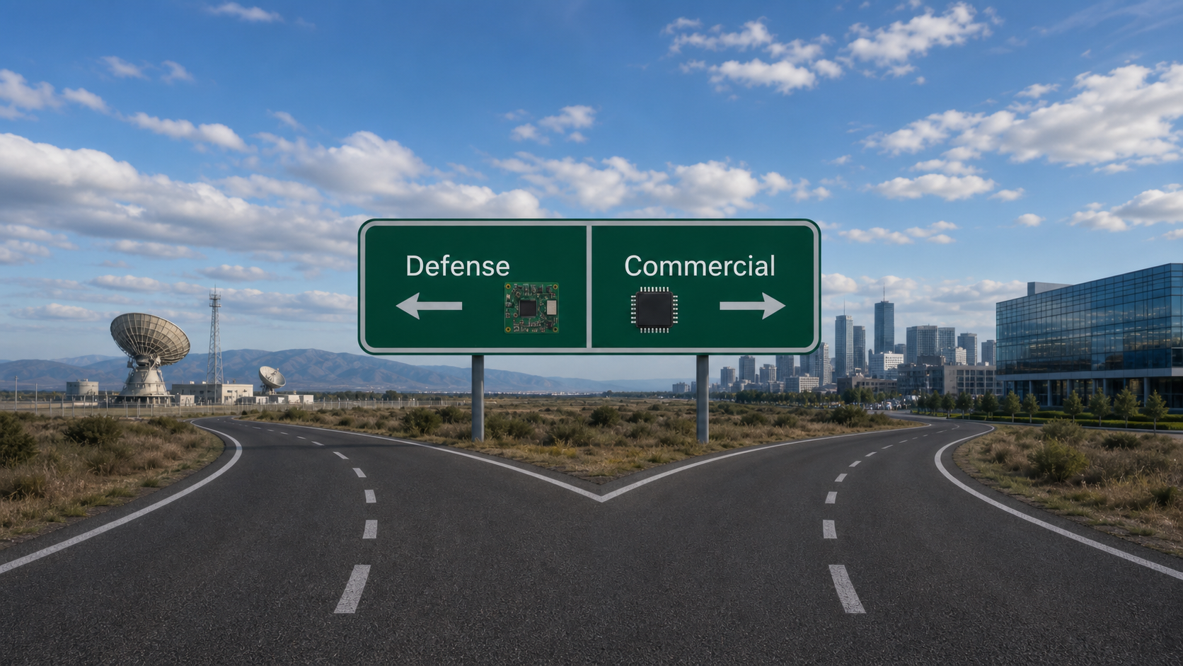 Road fork with sign pointing to Defense and Commercial, with defense and tech landscape.
