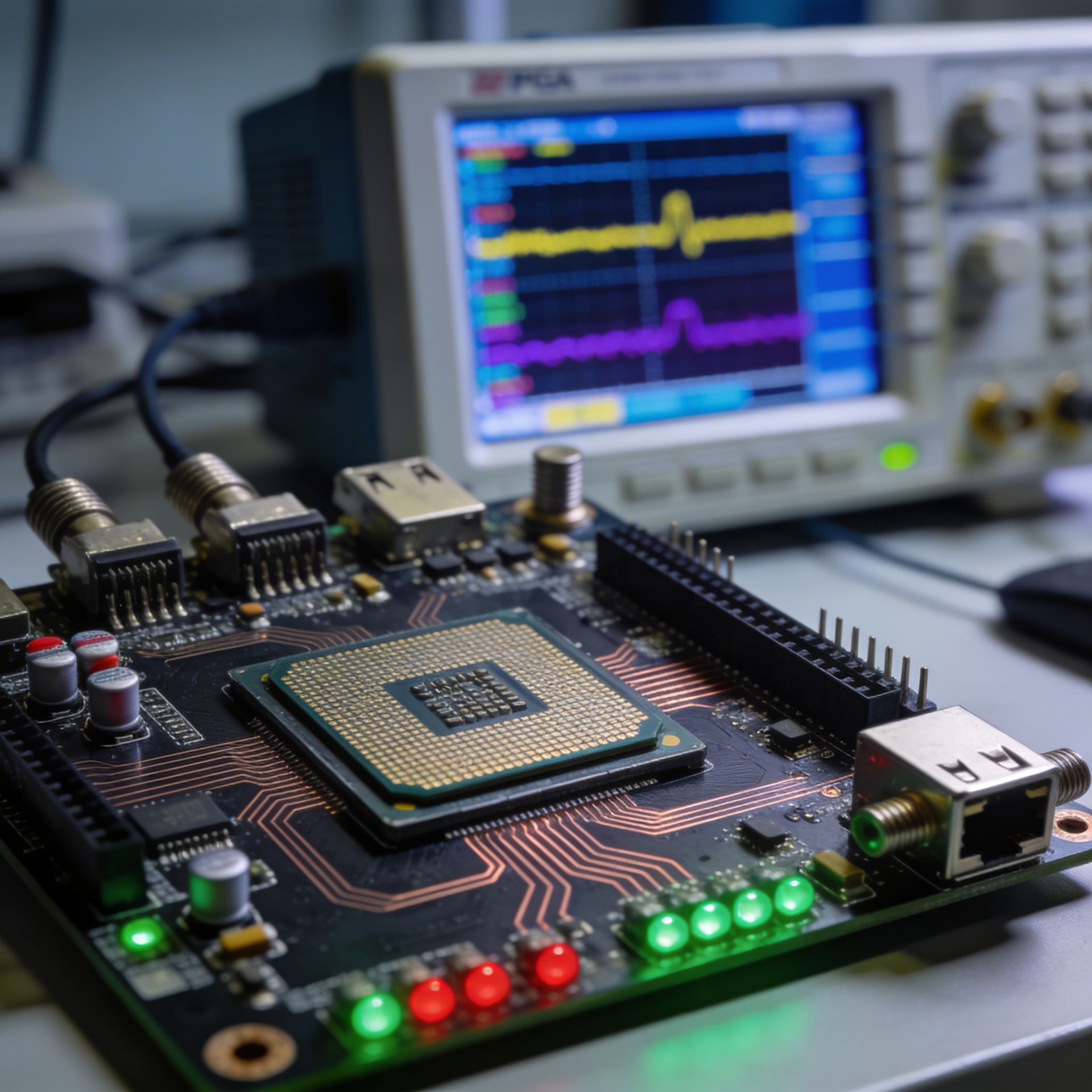 Close‑up of a generic FPGA development board on an engineering lab bench with oscilloscope waveform