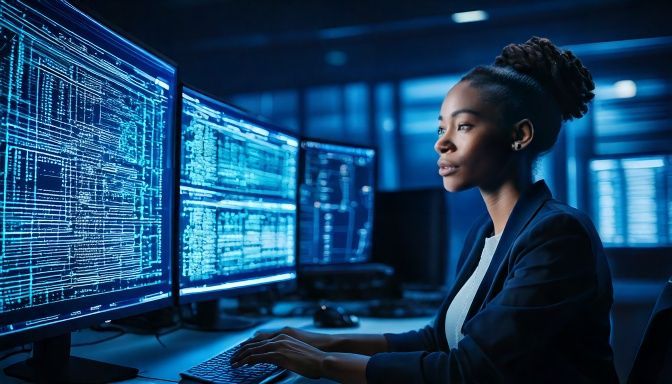 A semiconductor engineer reviews circuit schematic and waveform data across multiple monitors.