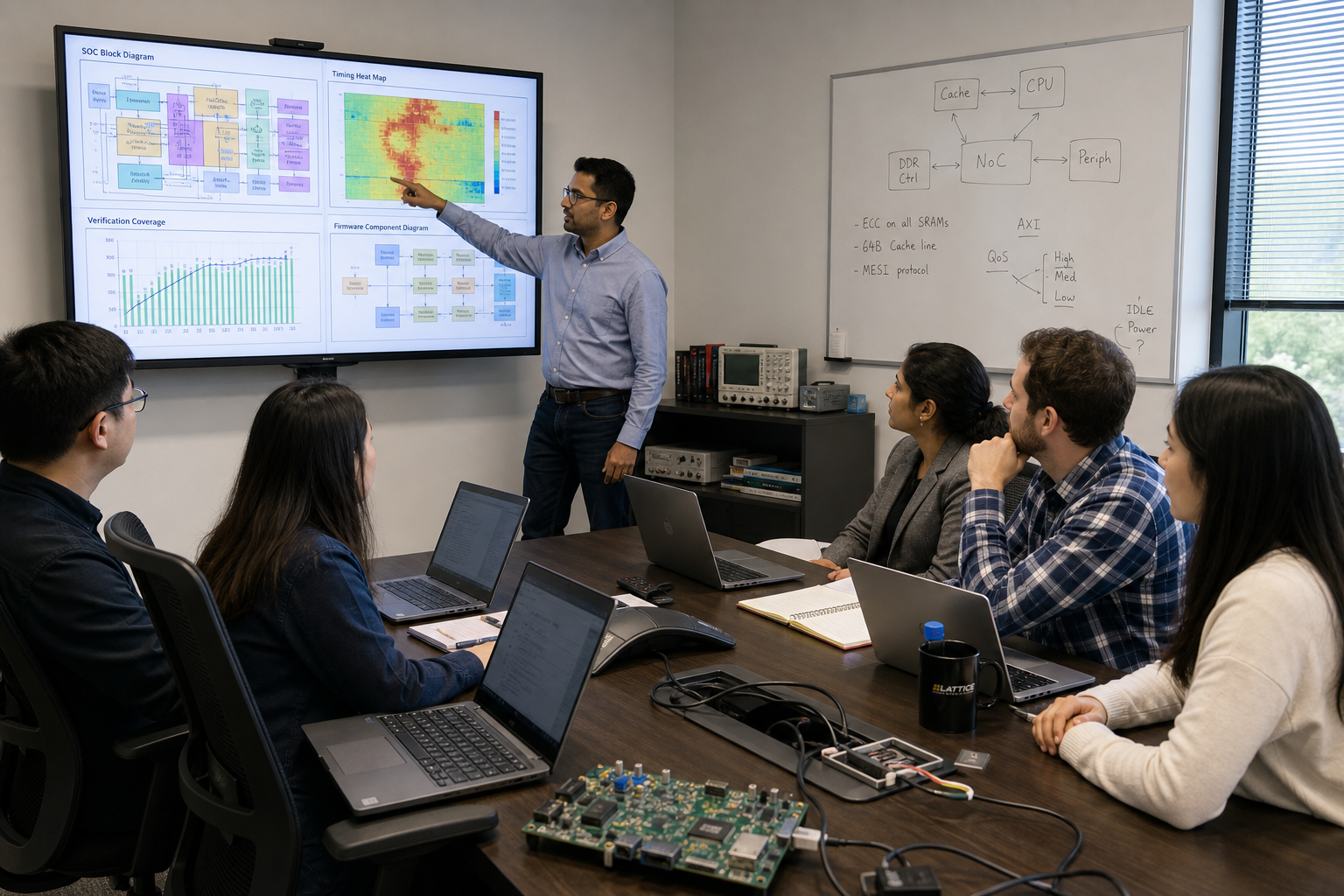 Principal engineer presenting SoC-level diagrams and charts to a diverse engineering team.