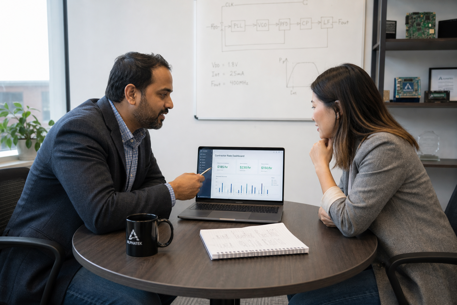 Contract engineer and technical recruiter reviewing rate options on a laptop.