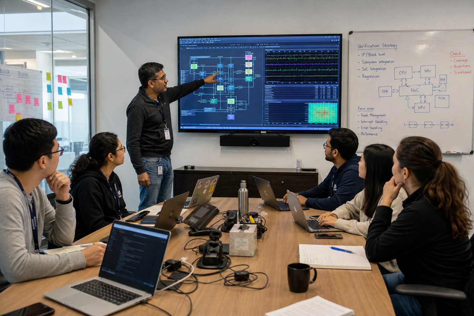 Diverse semiconductor verification engineers reviewing SoC diagrams and waveforms in a meeting.
