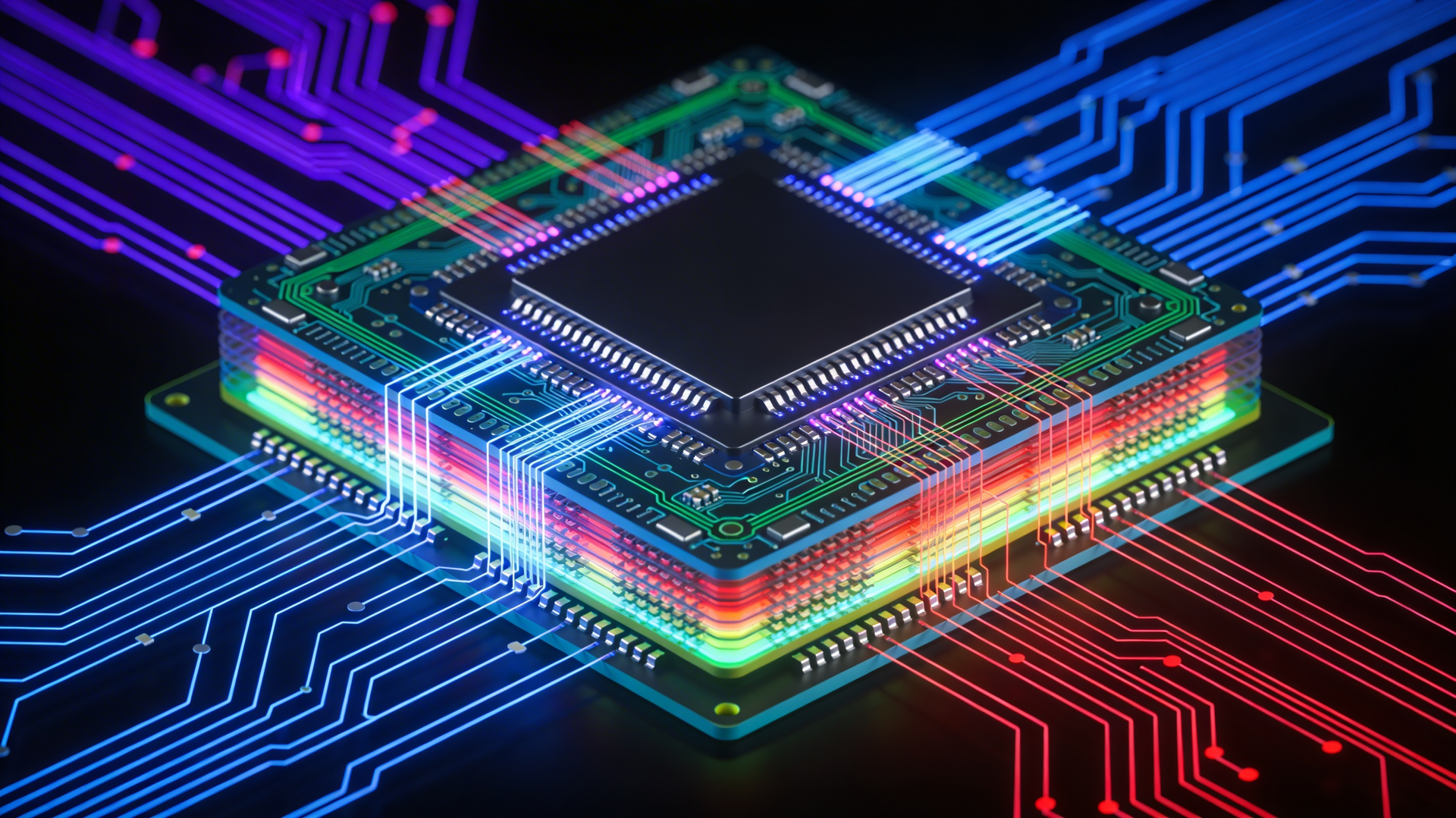 A digital processor chip glows with colorful light, connected to intricate circuit board patterns in blue and red.