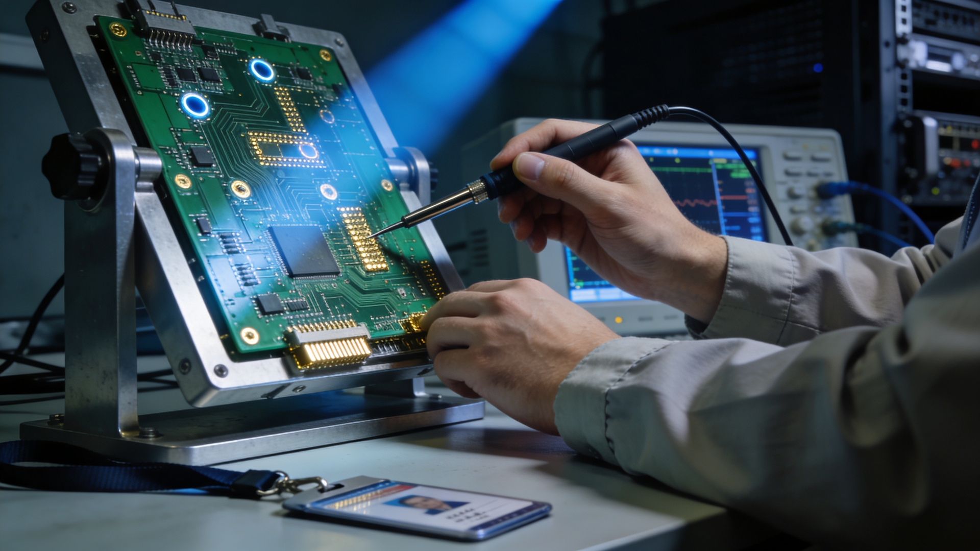 Cleared engineer's hands using an oscilloscope probe on a populated circuit board.