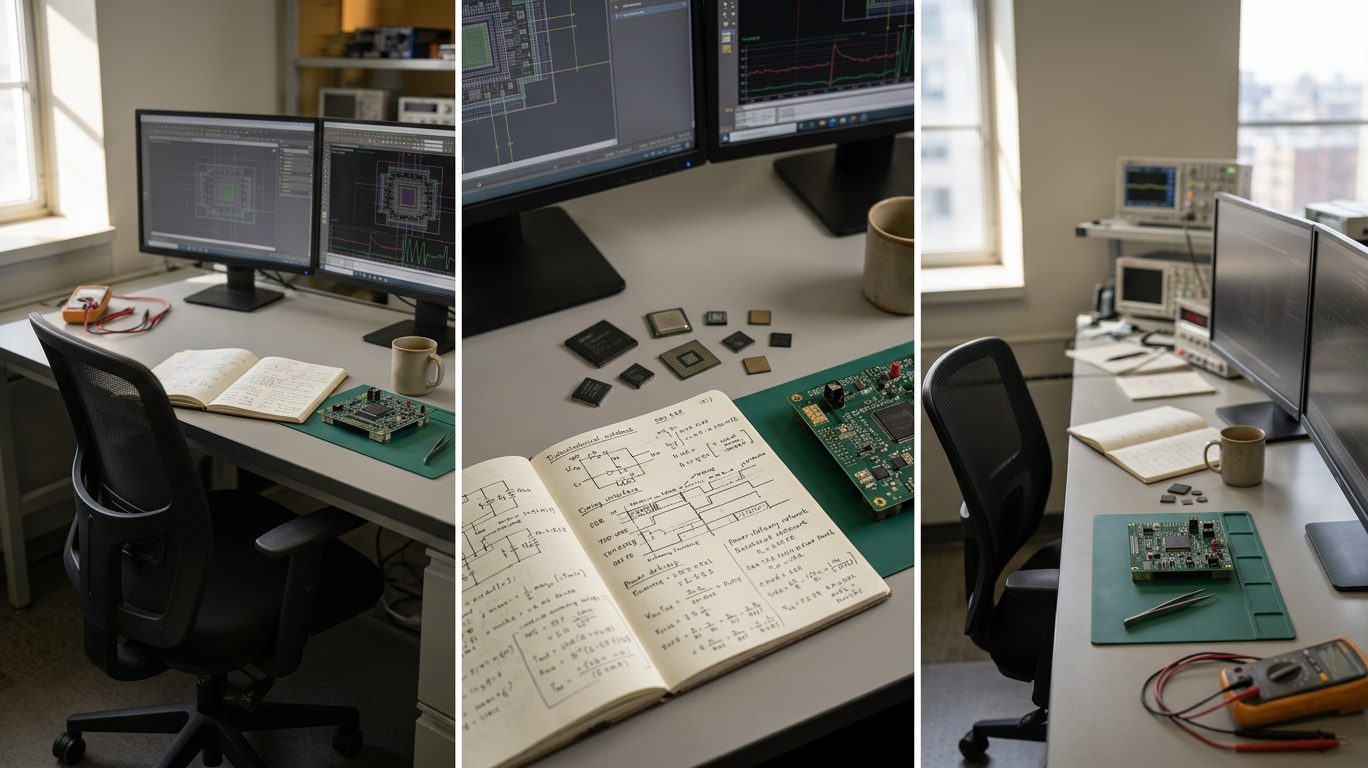 empty professional electronics workstation, personal effects suggesting a senior engineer 