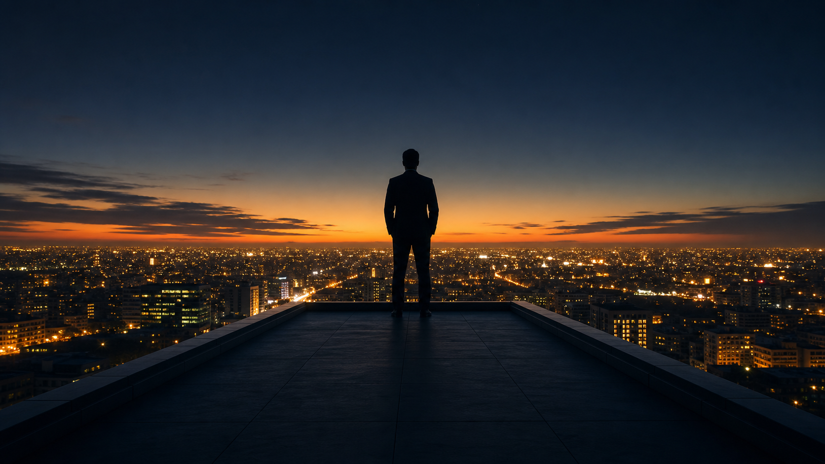 A lone silhouetted figure stands on the edge of a dark rooftop platform at dusk, calmly overlooking.