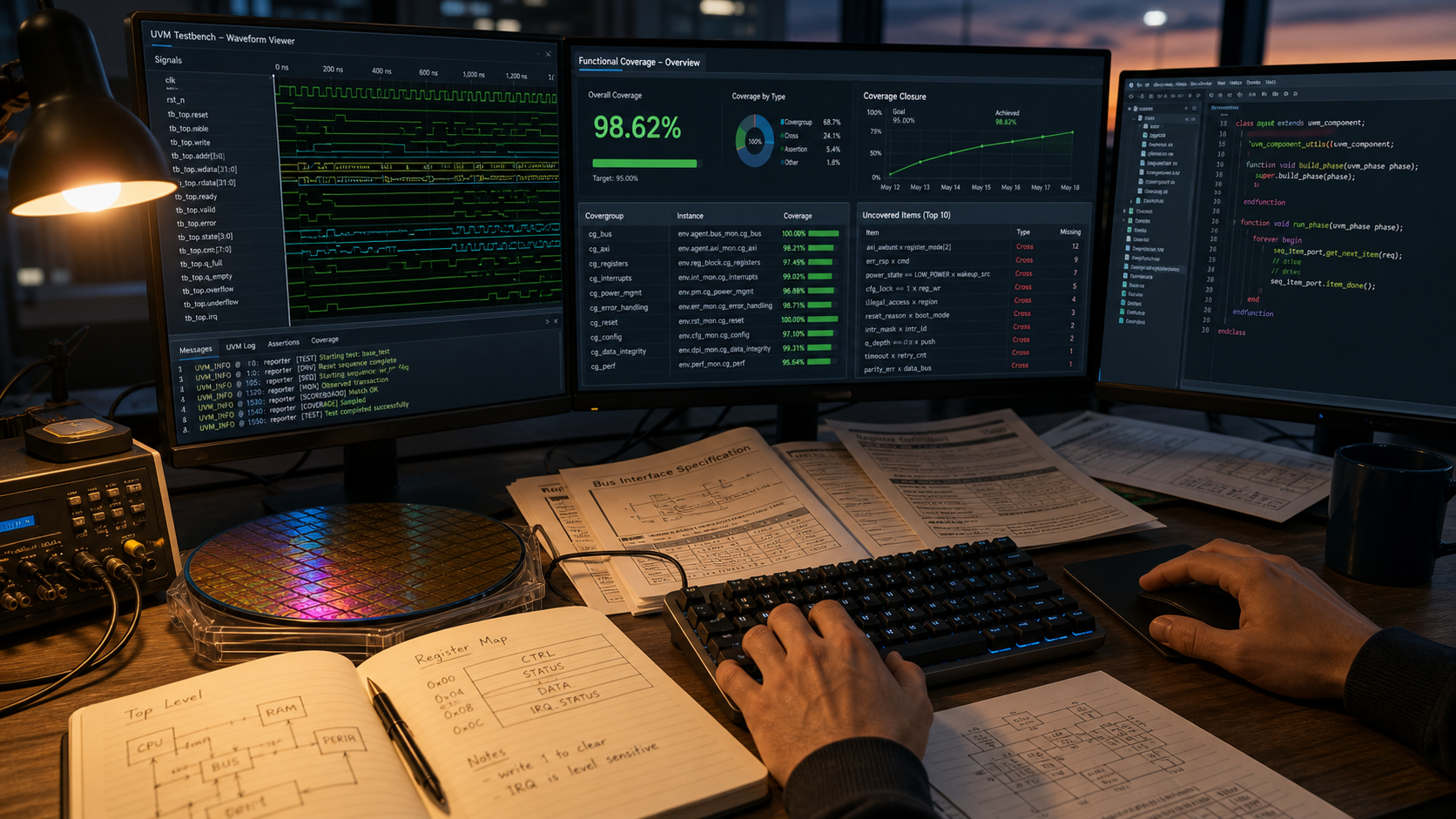 Close-up of a verification engineer’s workstation with multiple monitors showing UVM waveforms.