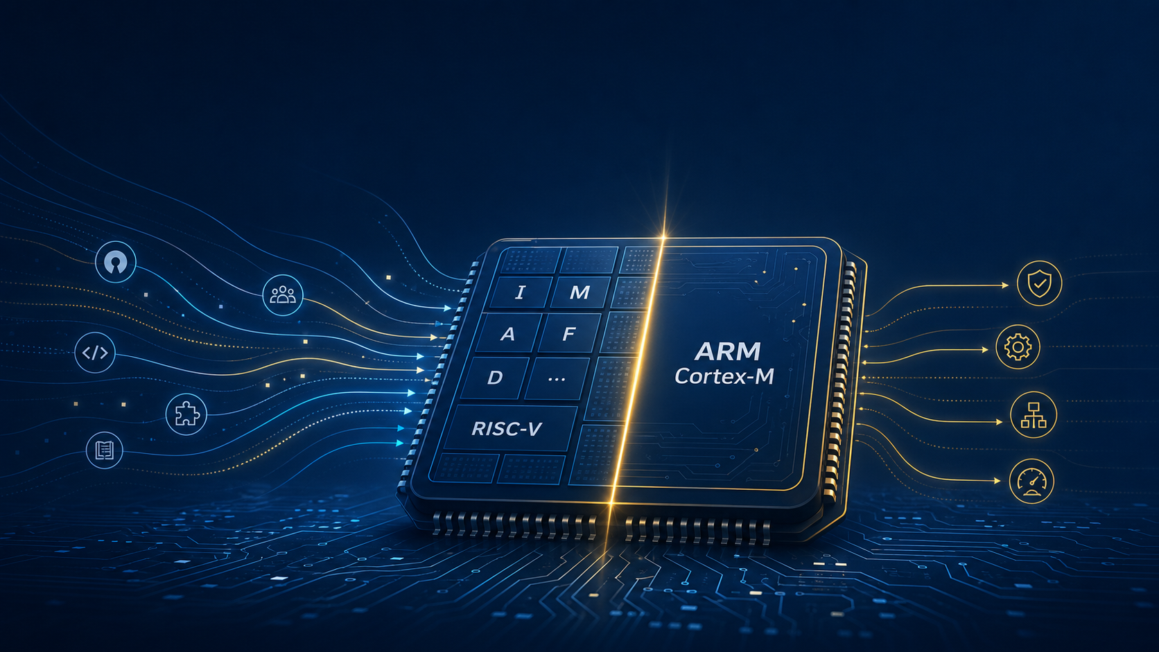 Stylized dark navy microcontroller chip split in two, with modular RISC‑V blocks.