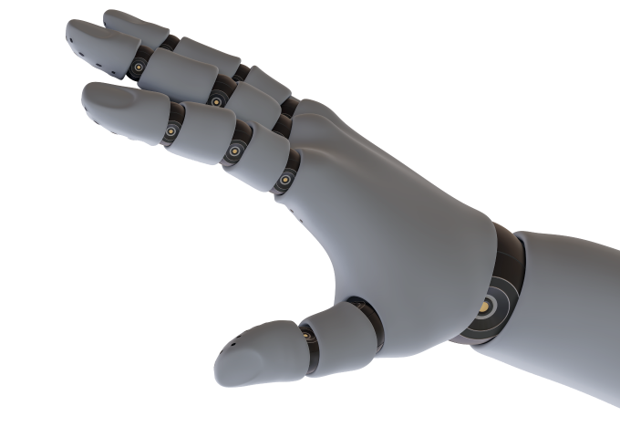 A close up of a robotic hand on a white background