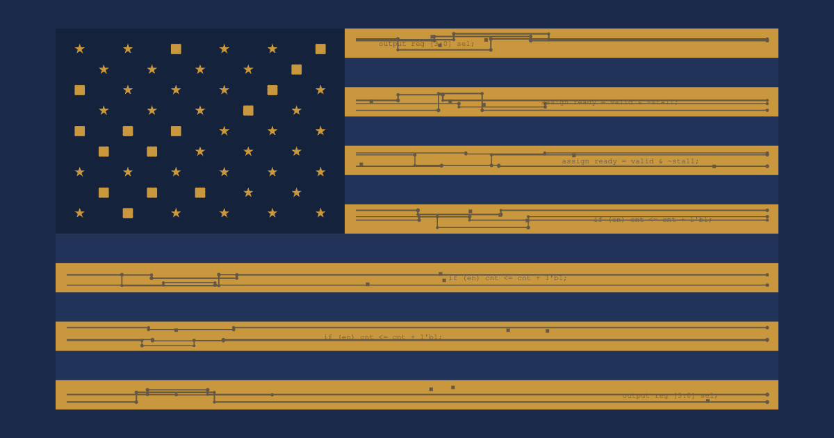 american flag dense weave - traces + code _ pads _ chip dies