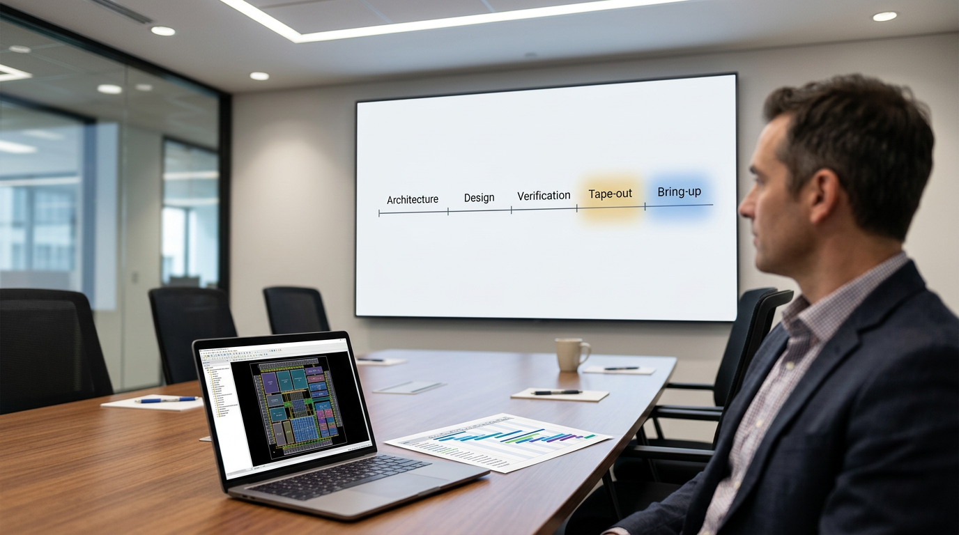 Engineering director in conference room reviewing tape-out focused semiconductor project timeline 