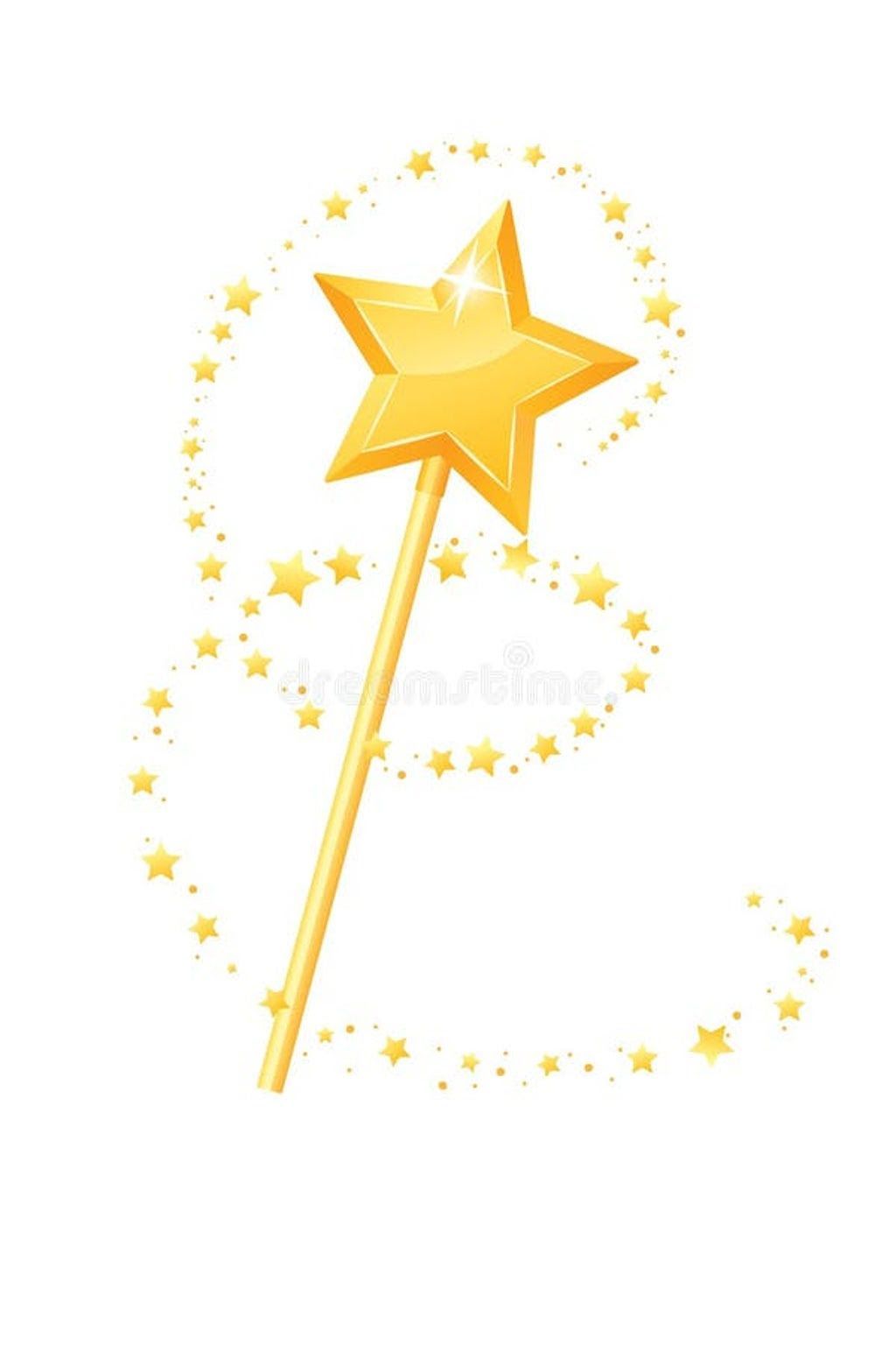 A cartoon illustration of a magic wand with a star on it surrounded by stars.