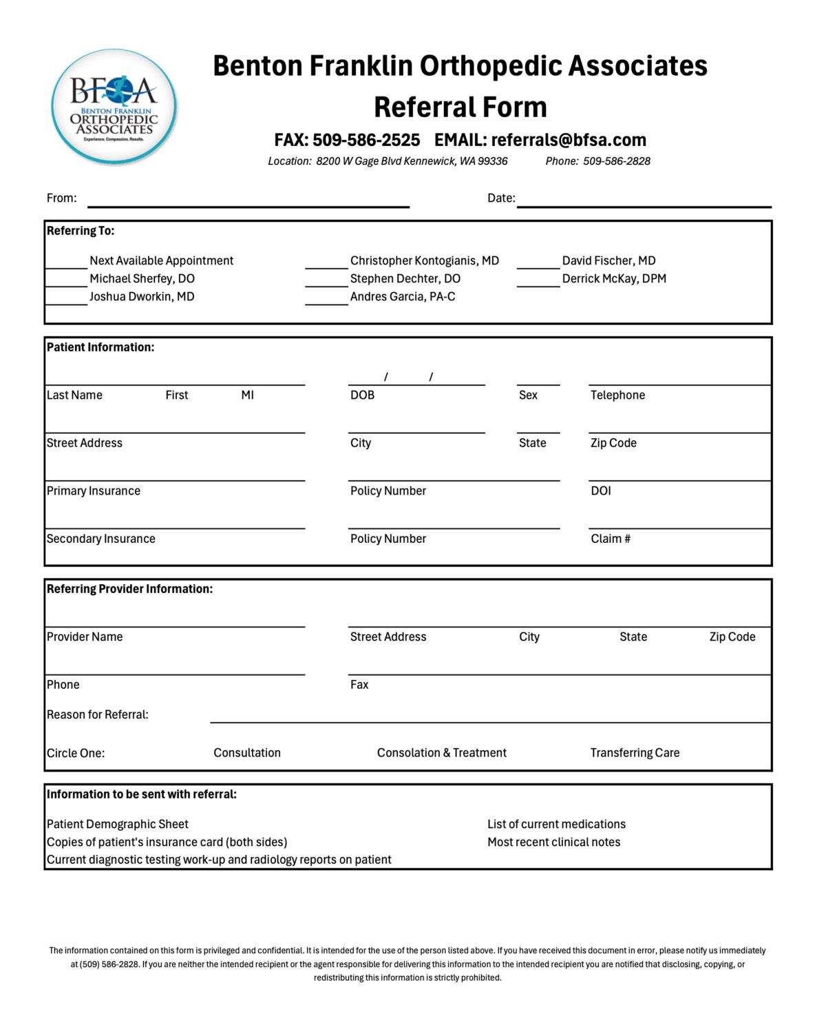 A Benton Franklin Orthopedic Associates referral form A Benton Franklin Orthopedic Associates referral form