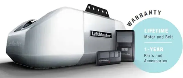 LiftMaster garage door opener with a lifetime motor and belt warranty and a 1-year parts and accessories warranty.