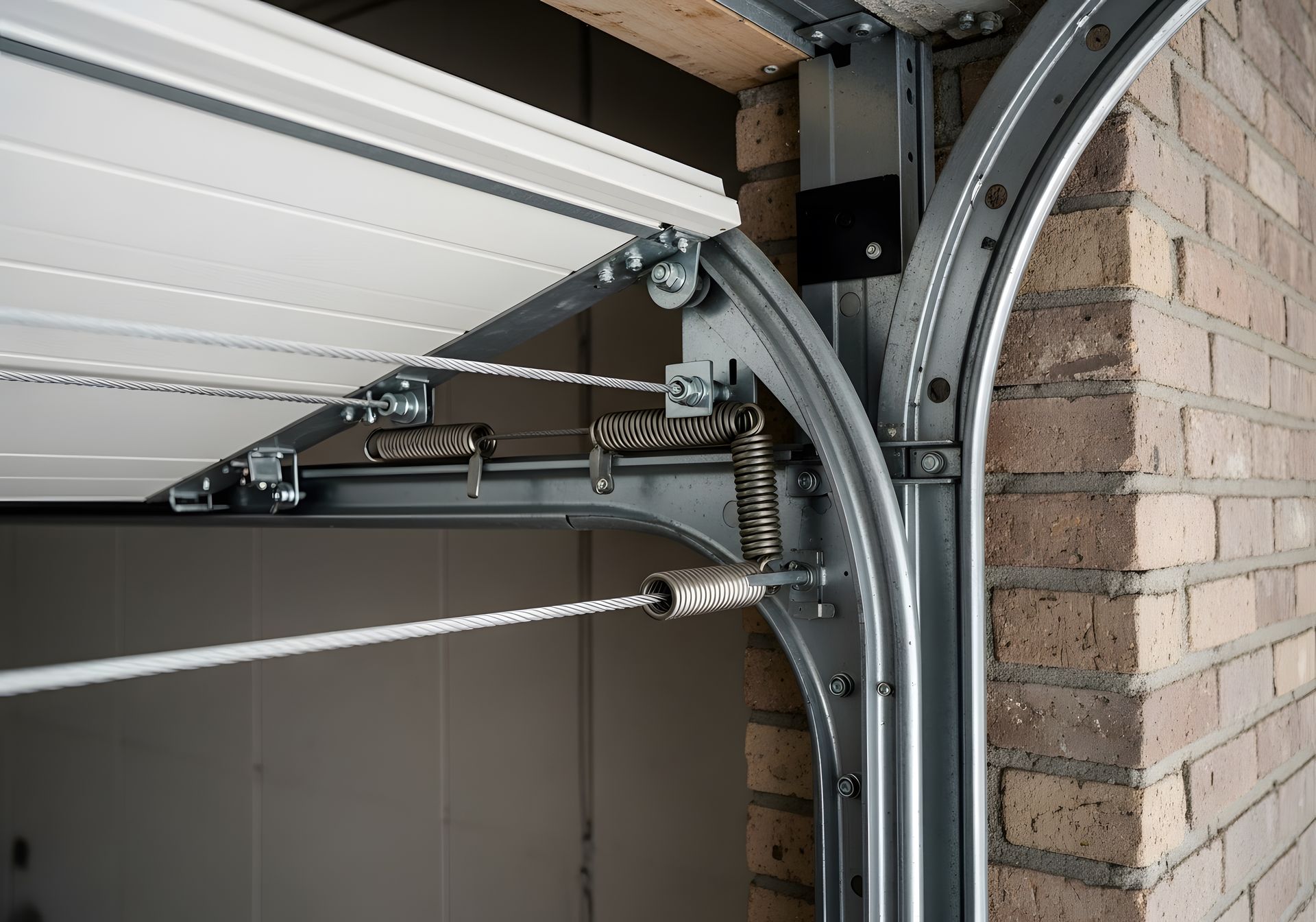 Garage door track and cable system with curved metal track, brick wall visible. Garage door track and cable system with curved metal track, brick wall visible.